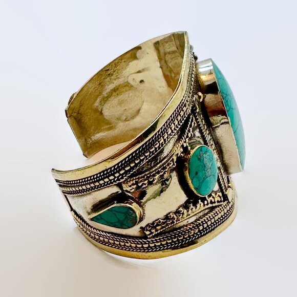 Kuchi Cuff, Afghan, Vintage Bracelet, Green Jasper, Composite Stone, Silver Cuff - Picture 5 of 5